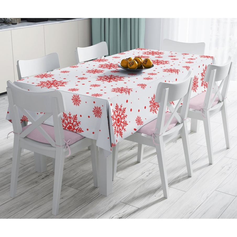 Față de masă minimalistă din amestec de bumbac, cu model de Crăciun alb roșu. Are dimensiuni de 140 x 180 cm.