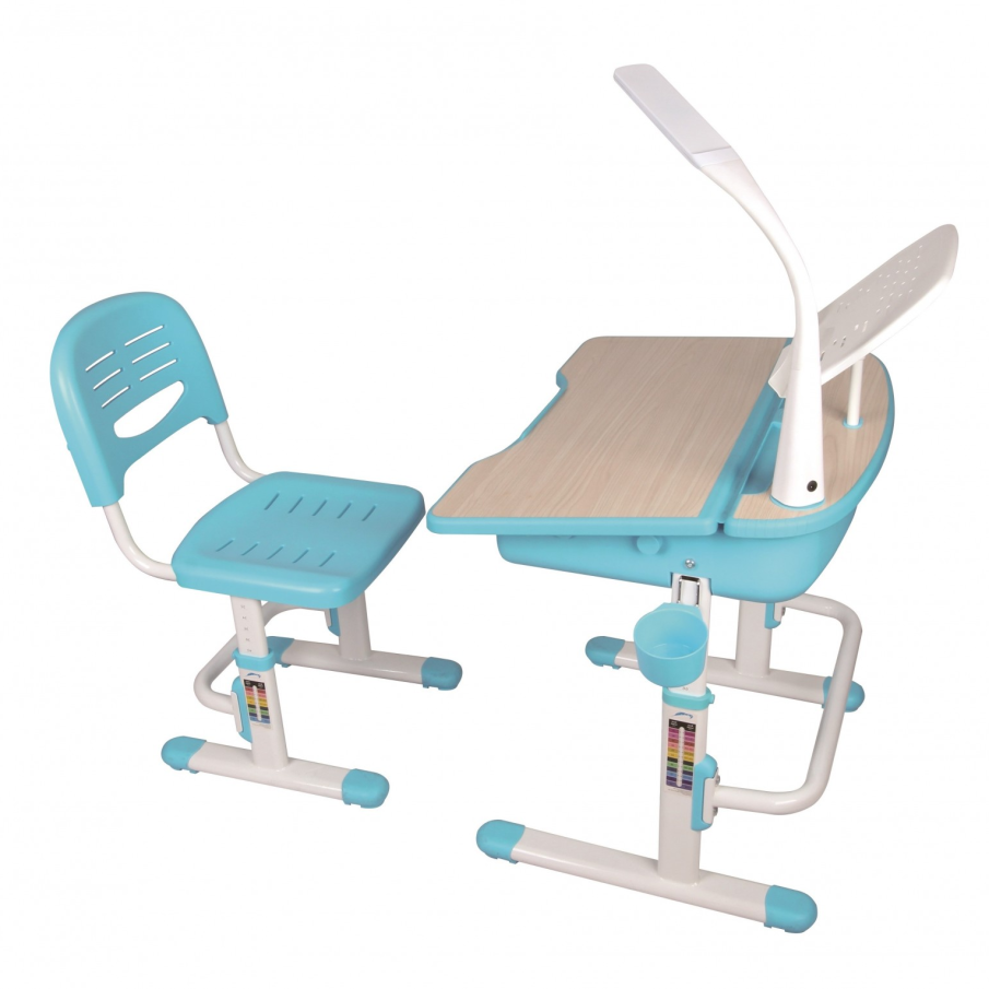 Set birou pentru copii cu lampa LED, reglabil pe înălțime, în care predomină nuanța de albastru turcoaz. Dispune de muchii rotunjite, vopsea rezistentă la uzură, exfoliere și zgâriere și feronerie sigură
