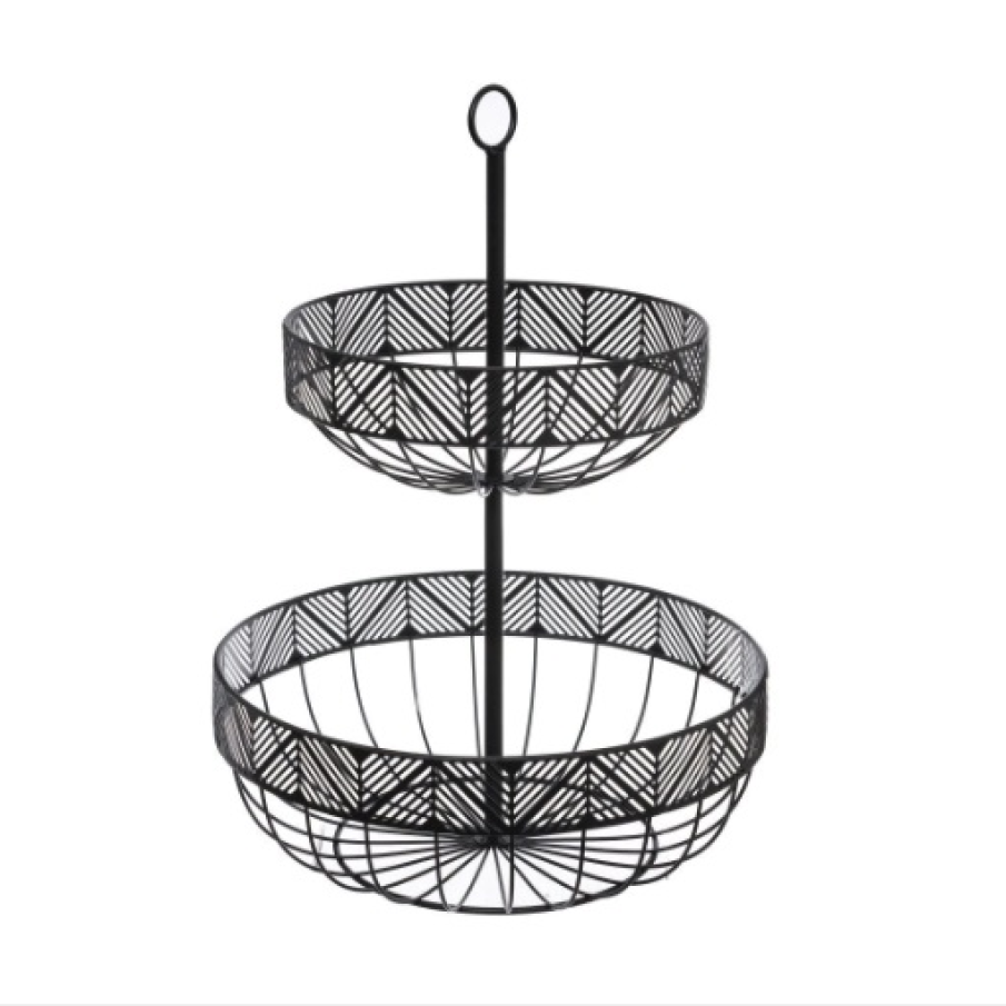 Fructiera FRIZE metalică, neagră, pe două nivele, de la brandul Secret de Gourmet. Este confecționată din metal de bună calitate, cu o lungă durabilitate. O puteți folosi și pe post de platou de servire. 