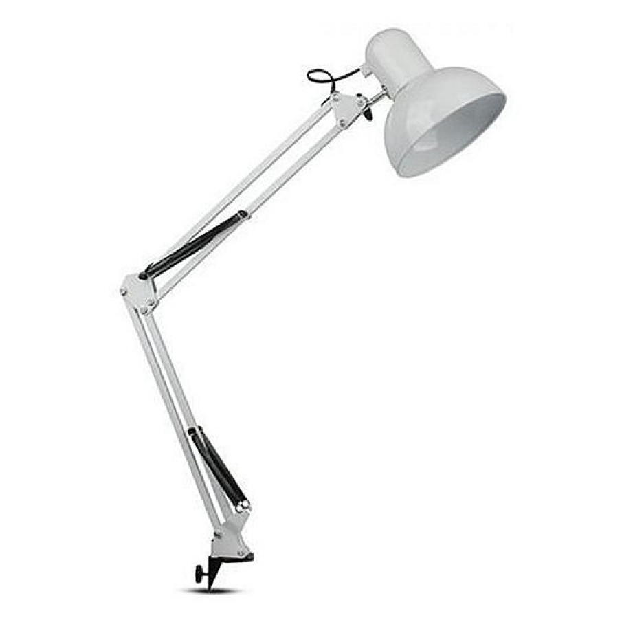 Lampa de birou cu braț ajustabil are o greutate de 1 kg și este din metal alb 