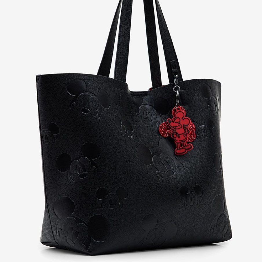 Poseta mare Desigual, din piele ecologica, cu imprimeu cu Mickey Mouse si element decorativ modern rosu 