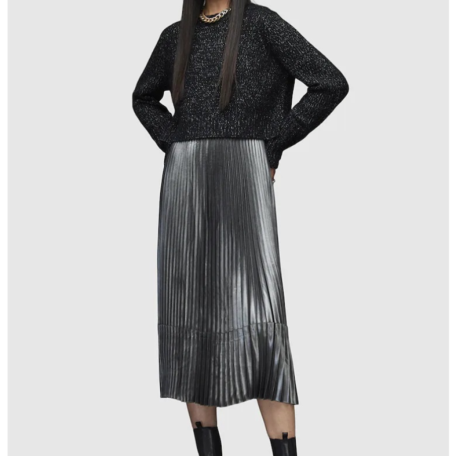 Set de rochie gri, cu pliuri, cu efect metalic strălucitor și pulover cu fir argintiu 