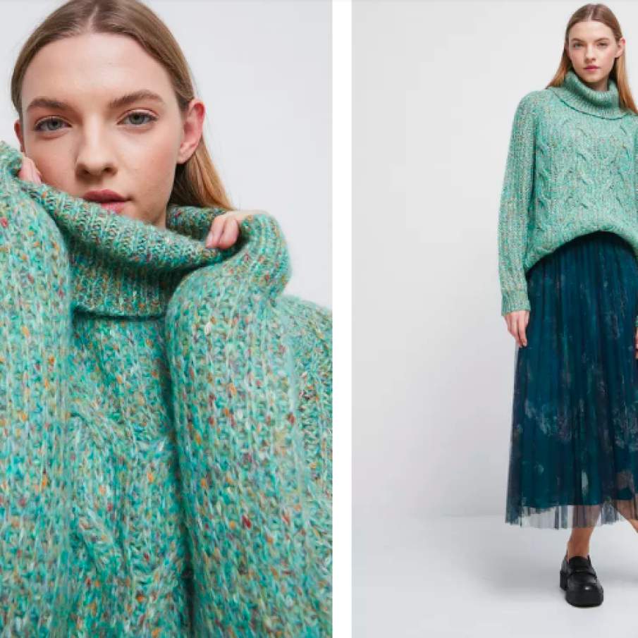 Medicine pulover din amestec de lână femei, culoarea verde, cu guler