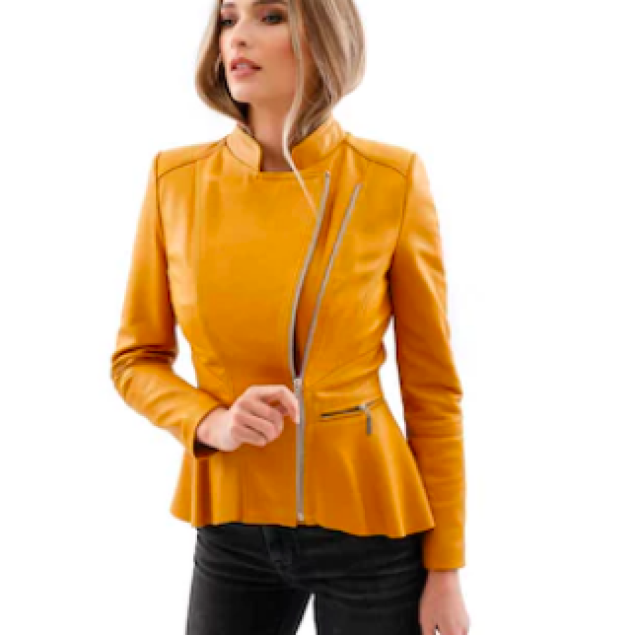 Jachetă din piele naturală, galben muștar