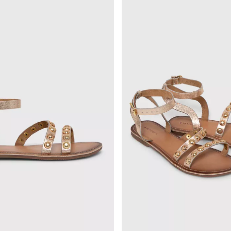 Sandale aurii din piele naturală accesorizate cu capse metalice aurii