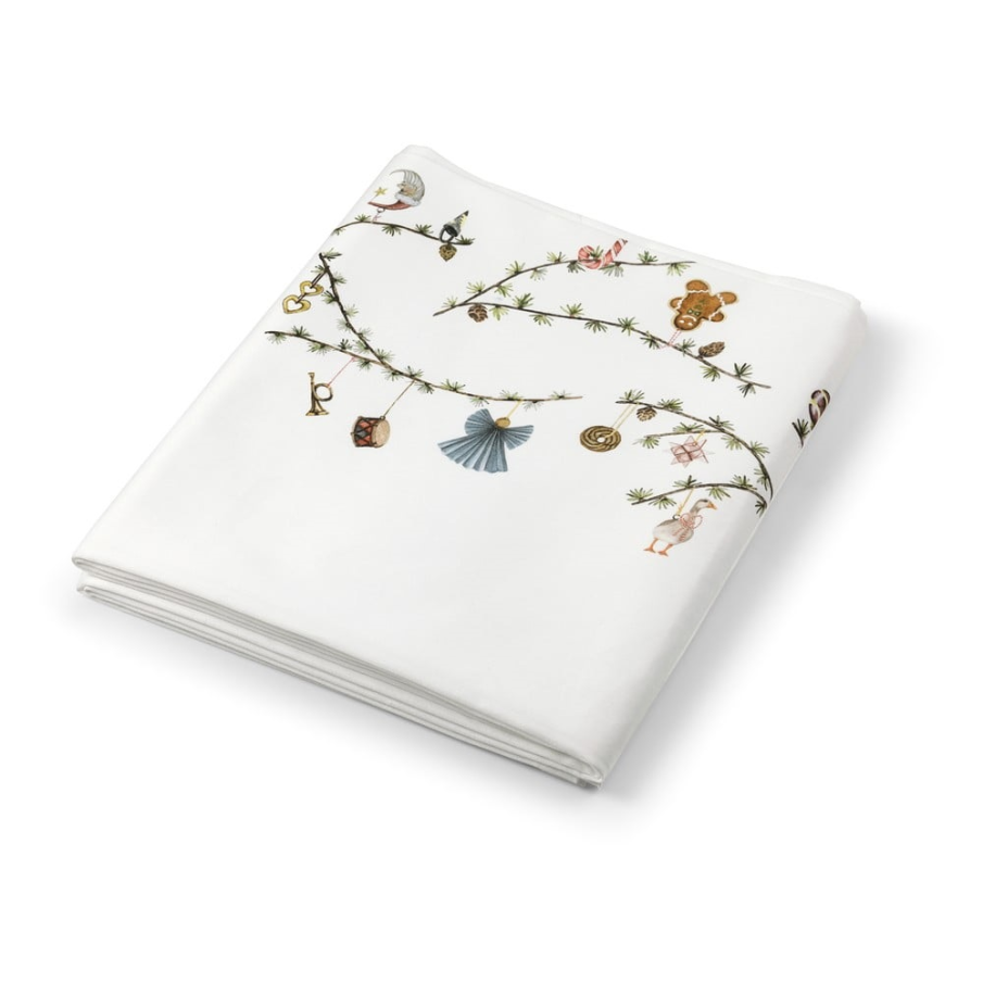 Față albă de masă de Crăciun, din bumbac, decorată cu motive specifice acestei sărbători 