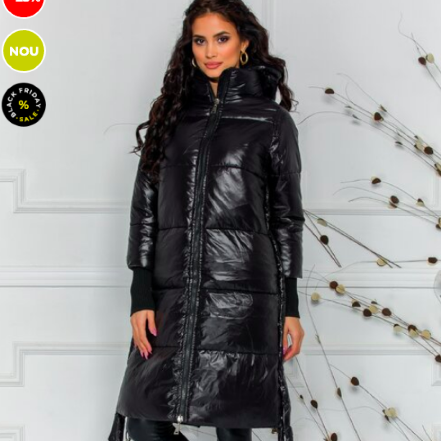 Geacă Ursula neagră lungă cu lungime reglabilă