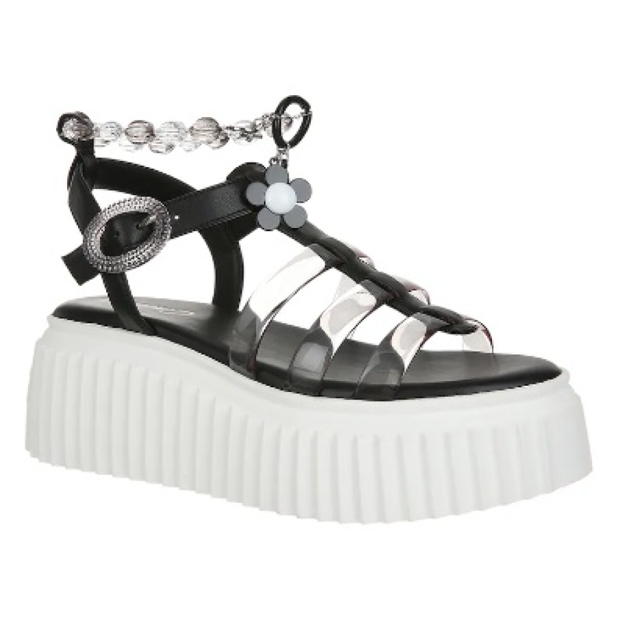 Sandale tip wedge CIRCUS BY SAM EDELMAN, cu baretă de mărgele transparente la nivelul gleznei și cu bretele din material sintetic transparent