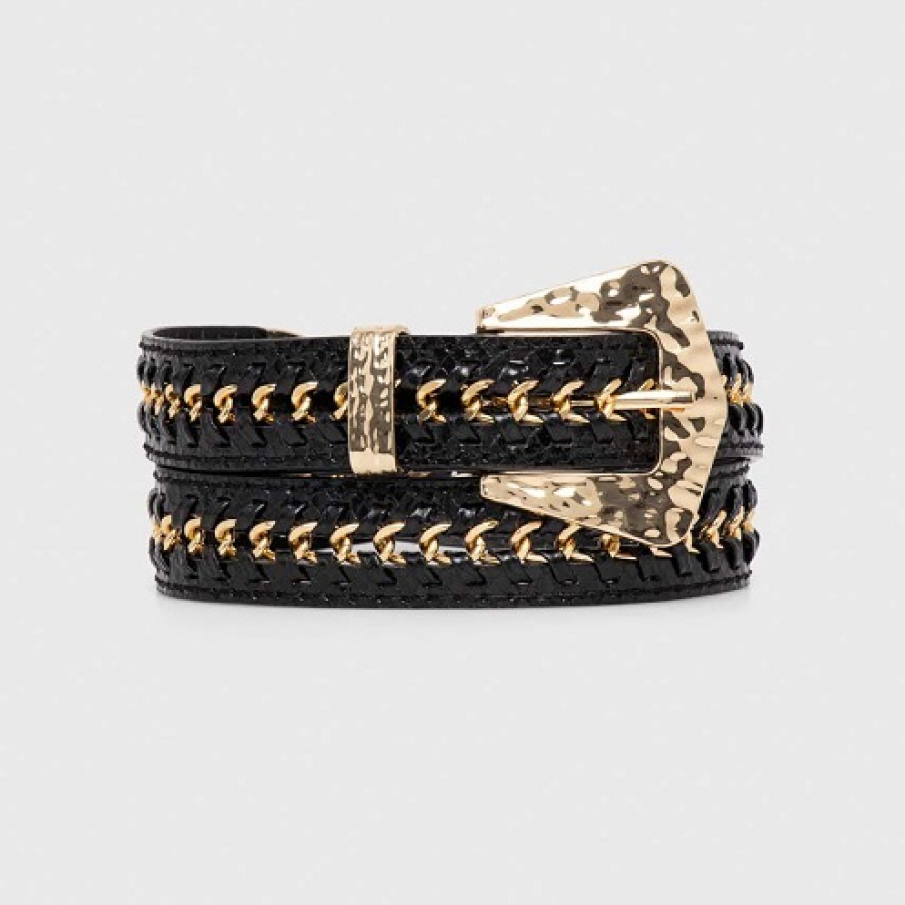 Curea din colecția Morgan confecționată din piele ecologică cu zale metalice intercalate în împletitură 