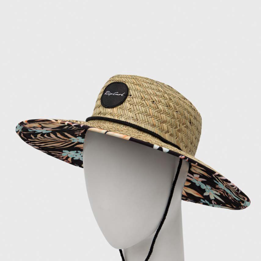 Pălărie din colecția Rip Curl cu boruri large, confecționată din material din paie și aspect interior cu imprimeu deosebit 