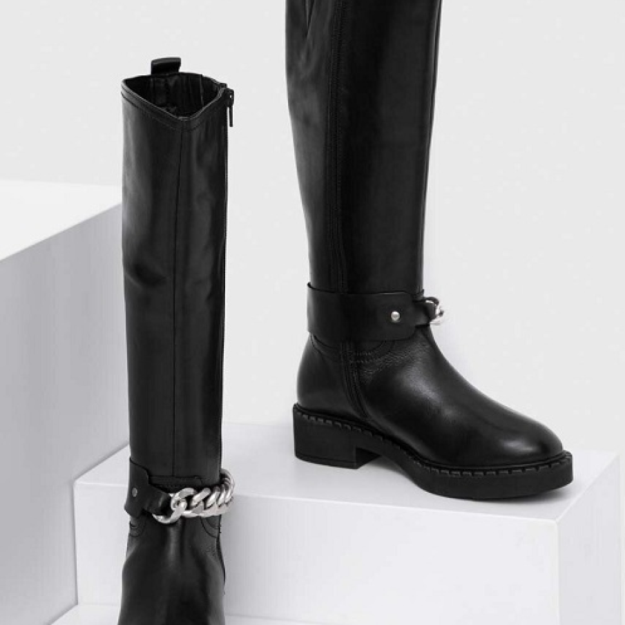 Cizme din colecția Answear Lab confecționate din piele naturală, cu talpa lată platformă mică (de 4 cm) și detaliu parțial tip lanț metalic argintiu