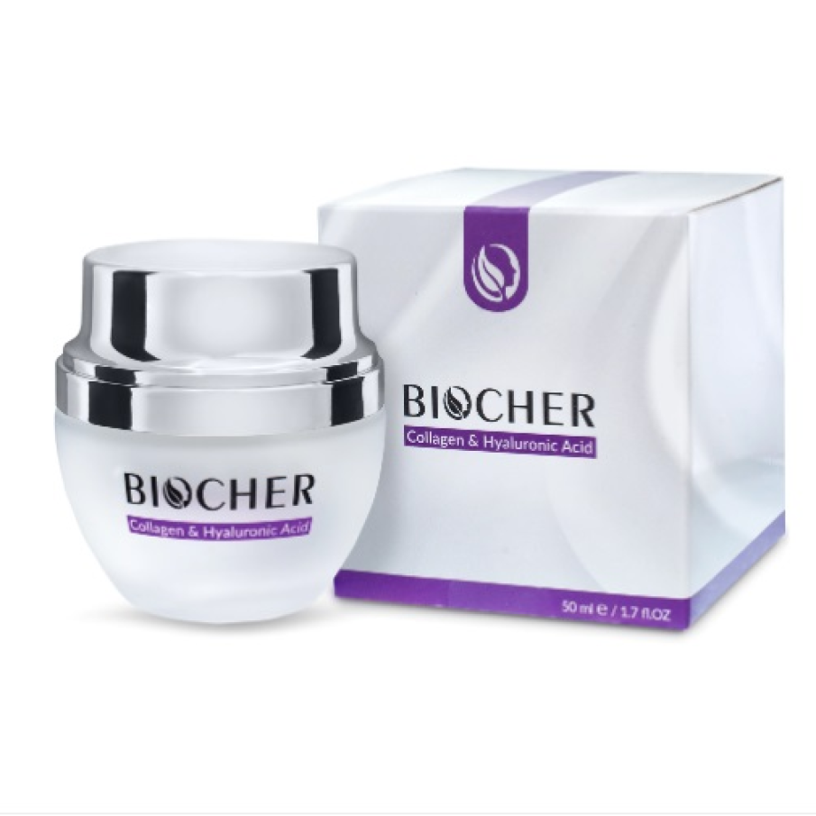 Crema hidratantă pentru față Biocher cu Colagen și Acid Hialuronic corectează ridurile fine, hidratează în profunzime și contribuie la reducerea petelor pigmentare
