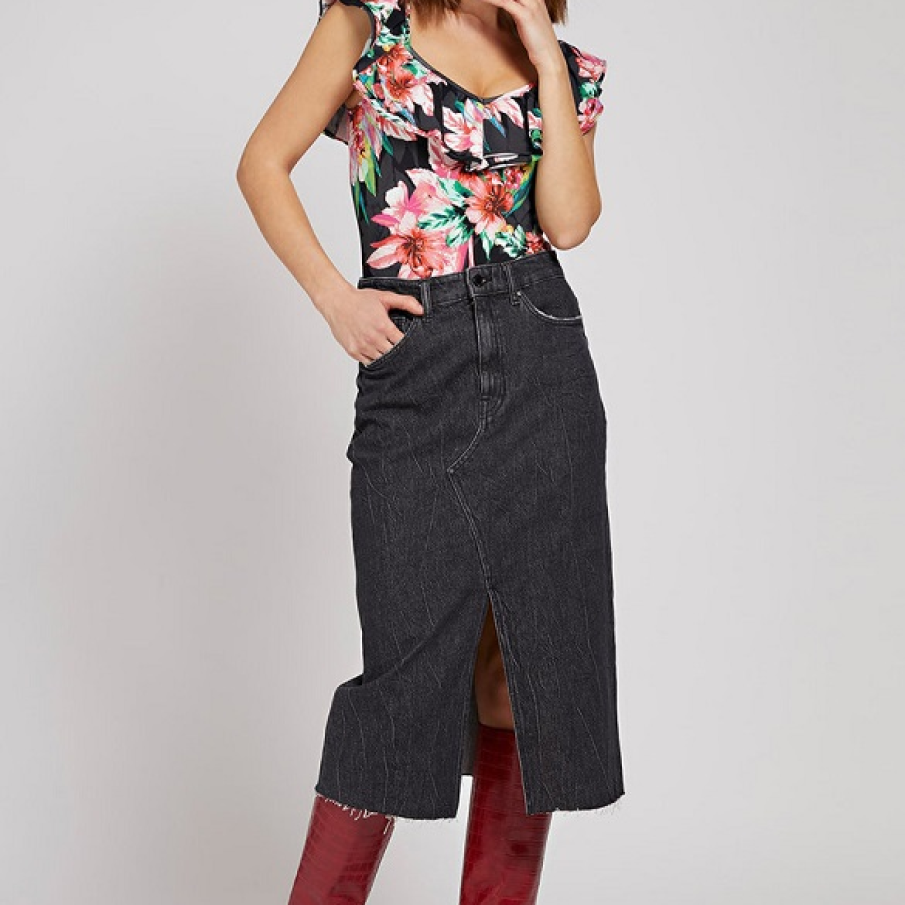 Fustă de blugi midi, cu un pattern asimetric, din denim de culoare gri închis