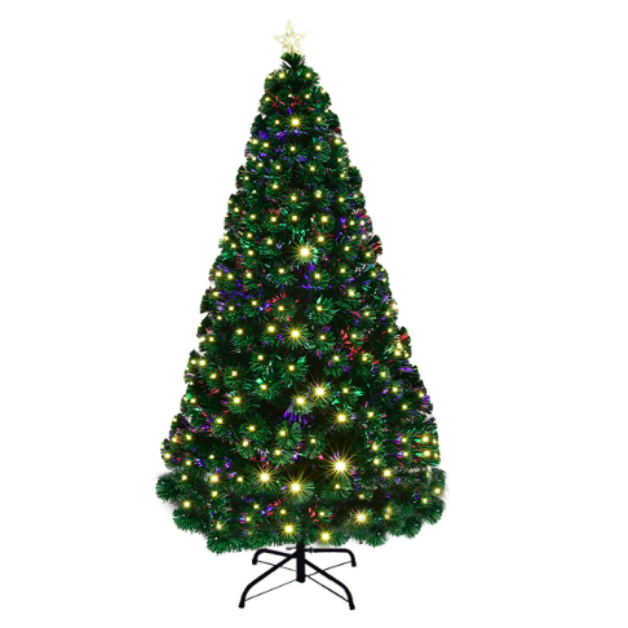 Brad de Crăciun artificial, ProCart, iluminat cu fibră optică și LED-uri, 210 cm, luminează multicolor