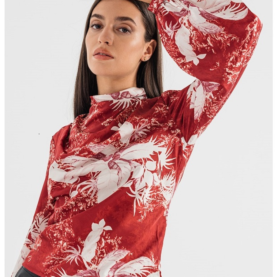 Bluza Guess Jeans cu decupaj pe partea din spate și imprimeu floral roșu închis 