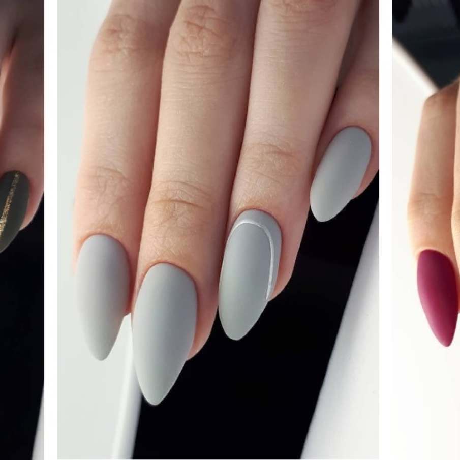 3 idei de manichiură mată în 3 nuanțe: de kaki, gri și roșu burgund, cu unele detalii geometrice subtile 