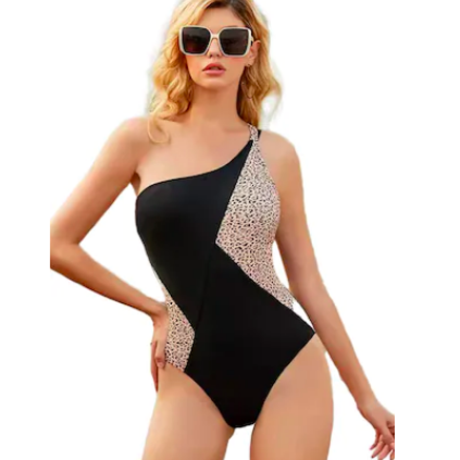 Costum de baie damă, o piesă, negru, animal print, chilot clasic și prindere pe un umăr