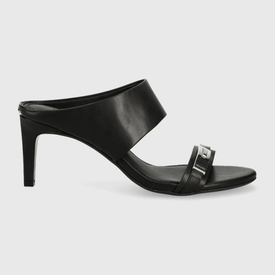 Papuci negri eleganți Calvin Klein, cu toc subțire, cu detaliu metalic decorativ în față