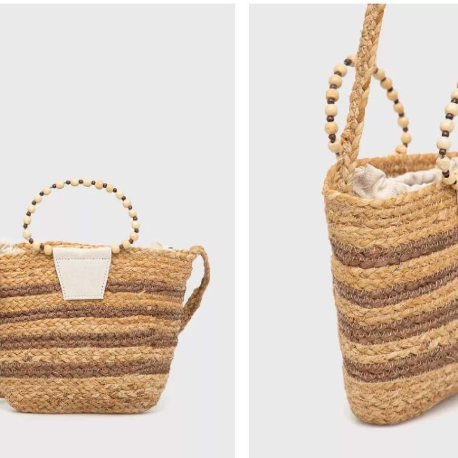 Poșetă elegantă, tip coș, din colecția Pieces. Dispune de bretea mare, pentru a fi purtată pe umăr, dar și de mânere elegante, decorate cu mărgele