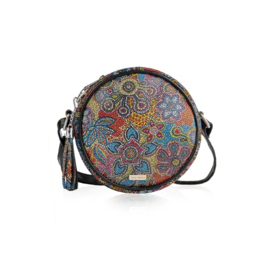 Geantă rotundă de damă multicoloră de la Paolo Peruzzi, care se potrivește perfect cu mai multe stiluri și culori de haine