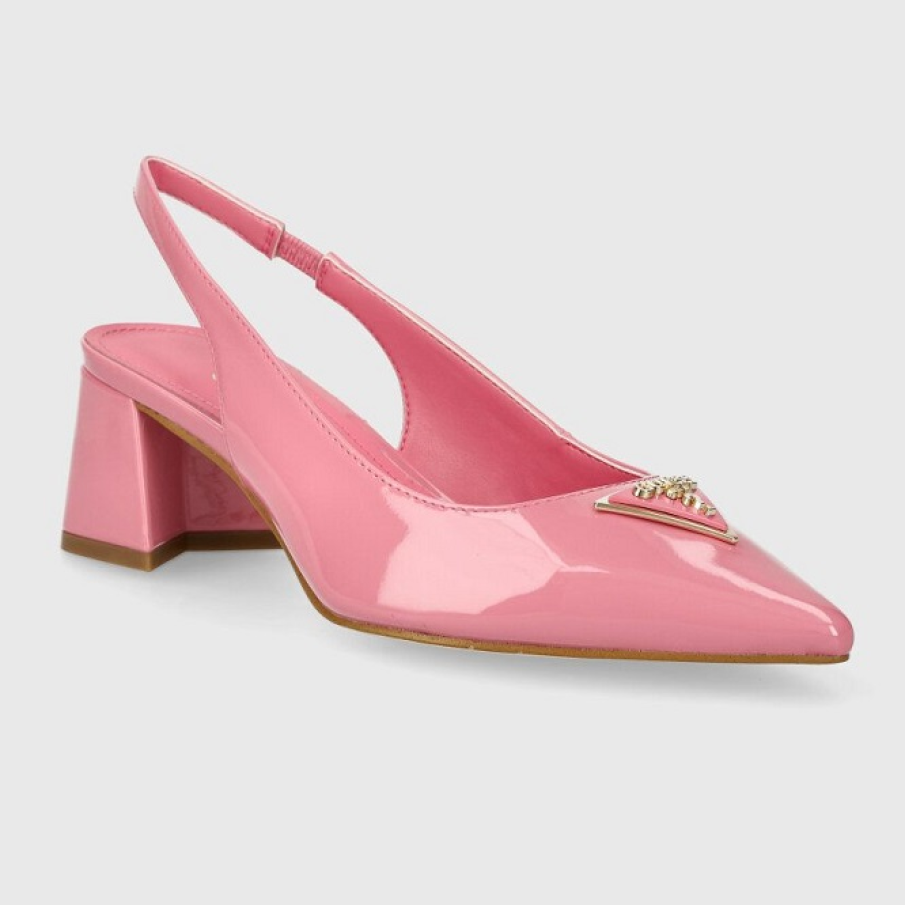 Pumps roz din colecția Guess din imitație de piele lăcuită, cu glezna descoperită și toc scurt și gros 