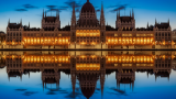 Clădirea Parlamentului din Budapesta reflectată perfect în apă 