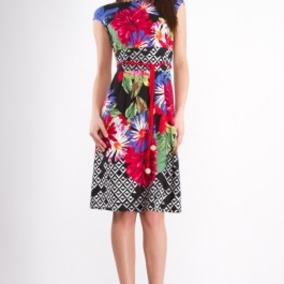 Rochie Madame tricot imprimeu cu flori si retea geometrica