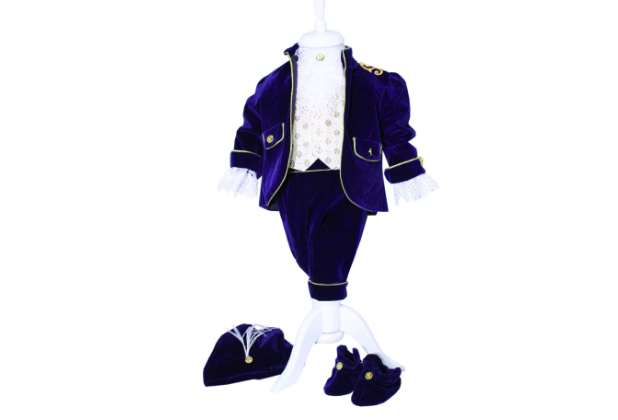Costum bleumarin din catifea, Micul Prinț, pentru botez, 5 piese, cămașă, sacou, pantaloni, pălărie, botosi, pentru băieți