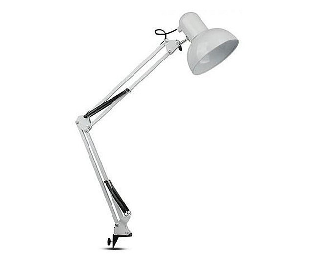 Lampa de birou cu braț ajustabil are o greutate de 1 kg și este din metal alb 