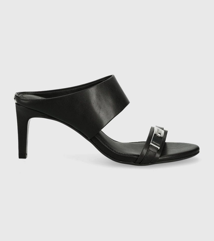 Papuci negri eleganți Calvin Klein, cu toc subțire, cu detaliu metalic decorativ în față