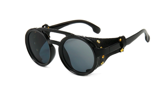 Ochelari de soare rotunzi Steampunk, unisex, model retro cu piele naturală laterală, protecție UV400, negru